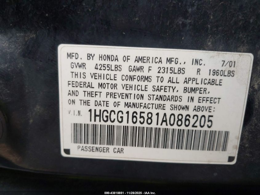 2001 Honda Accord 3.0 Ex VIN: 1HGCG16581A086205 Lot: 43818851