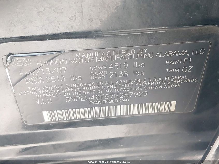 2007 Hyundai Sonata Limited/Se V6 VIN: 5NPEU46F97H287929 Lot: 43818852