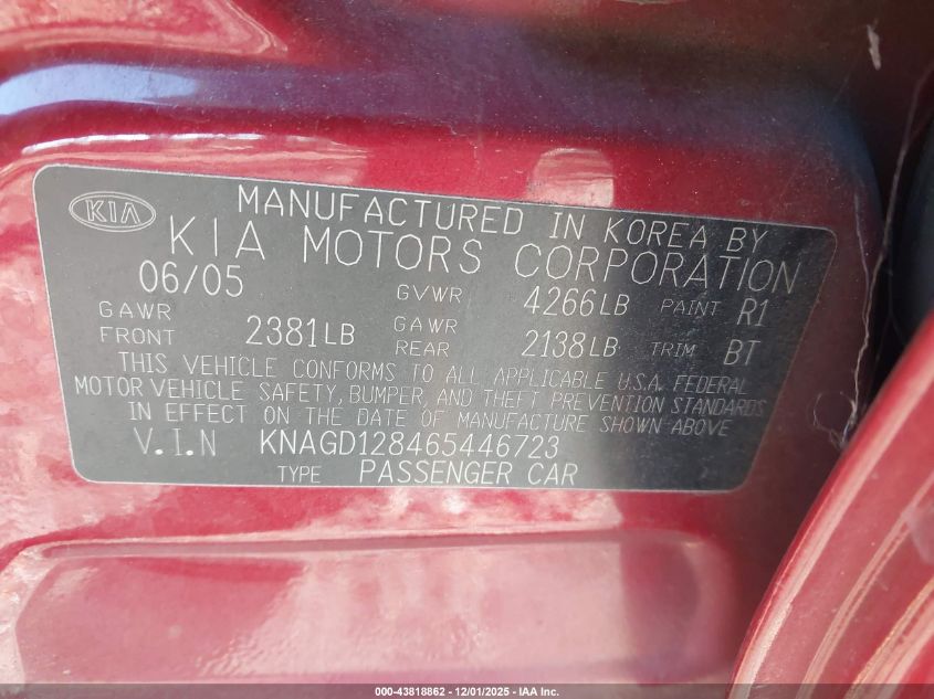 2006 Kia Optima Ex V6/Lx V6 VIN: KNAGD128465446723 Lot: 43818862