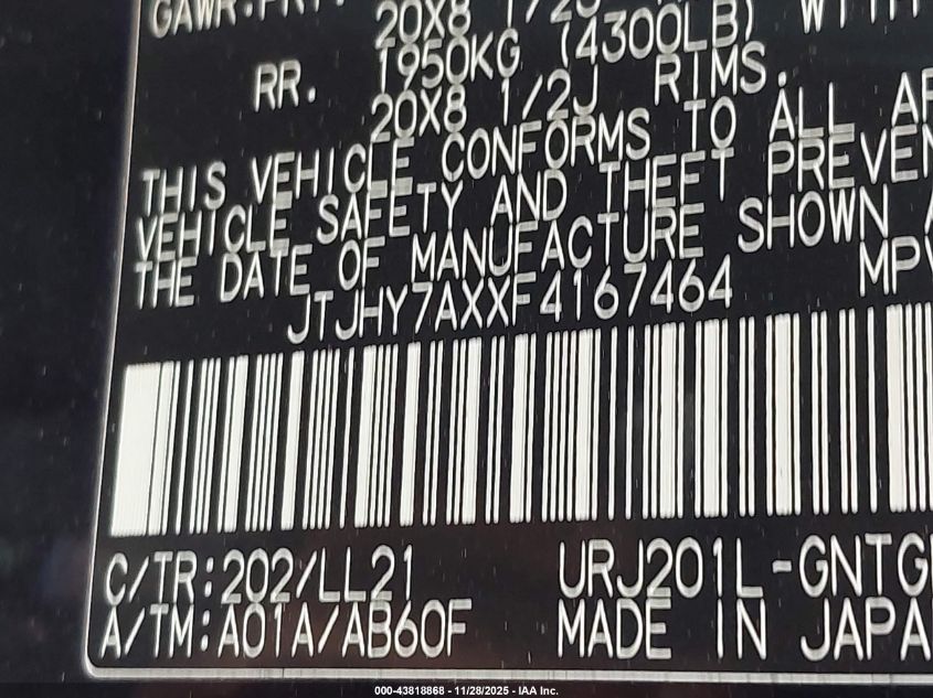 2015 Lexus Lx 570 VIN: JTJHY7AXXF4167464 Lot: 43818868