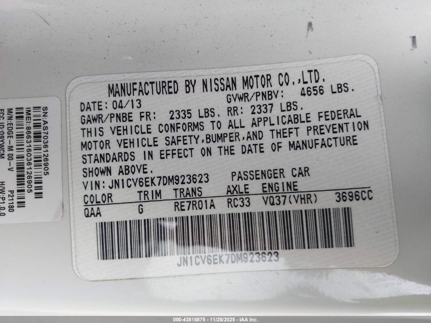 2013 Infiniti G37 Journey VIN: JN1CV6EK7DM923623 Lot: 43818875