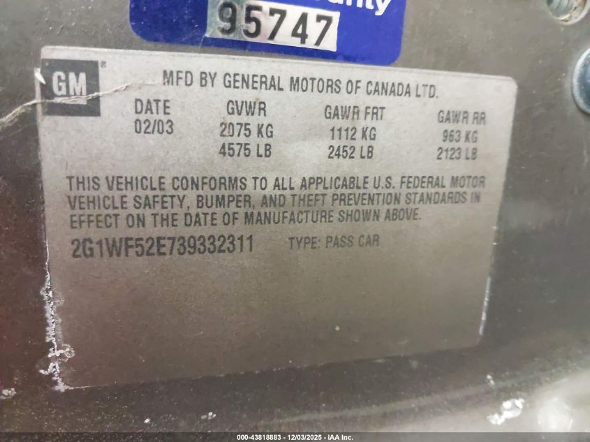 2003 Chevrolet Impala VIN: 2G1WF52E739332311 Lot: 43818883