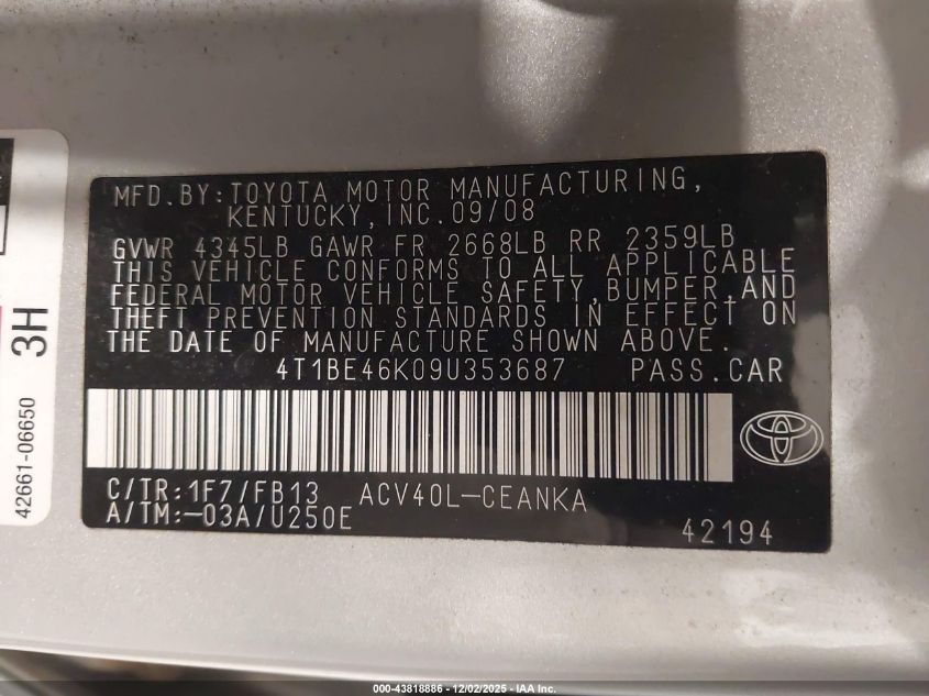 2009 Toyota Camry Se/Le/Xle VIN: 4T1BE46K09U353687 Lot: 43818886