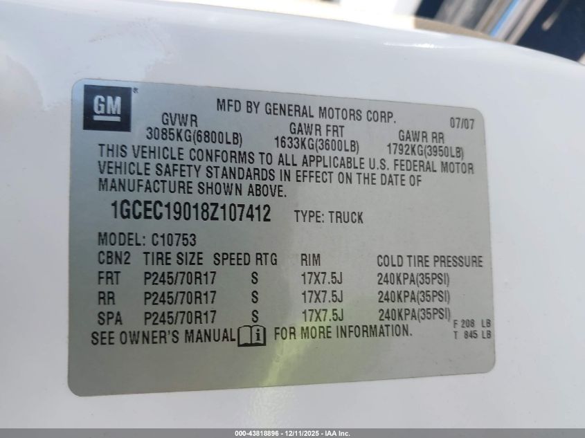 2008 Chevrolet Silverado 1500 Ltz VIN: 1GCEC19018Z107412 Lot: 43818896