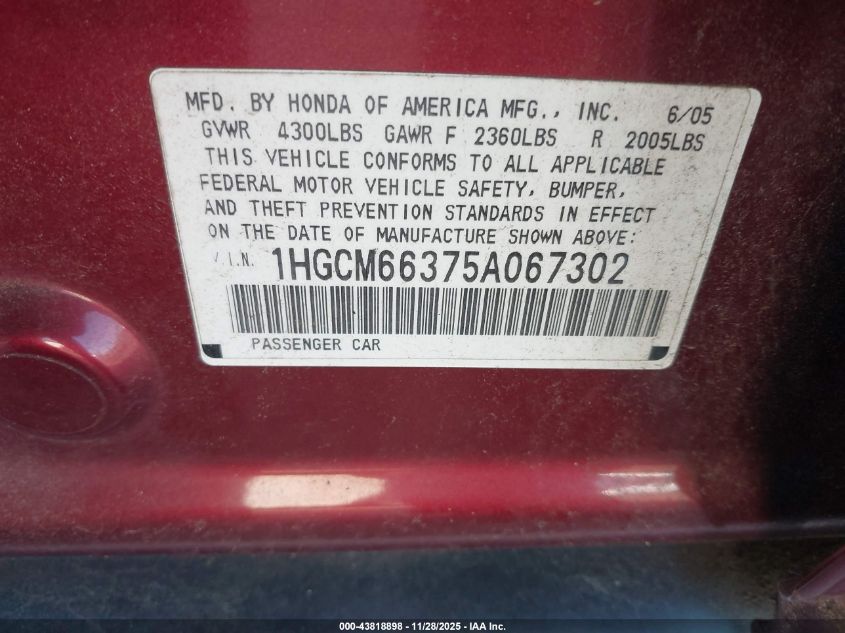 2005 Honda Accord 3.0 Lx VIN: 1HGCM66375A067302 Lot: 43818898