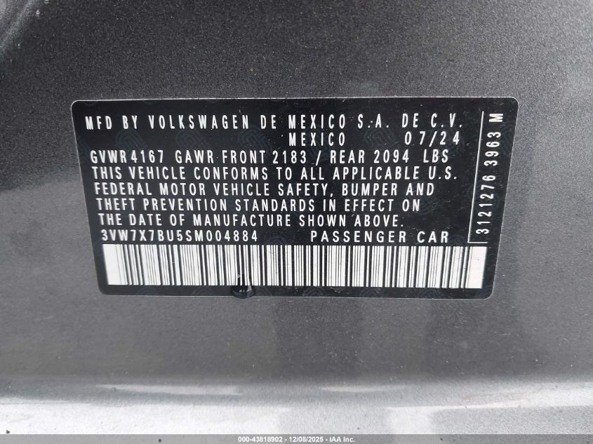 2025 Volkswagen Jetta 1.5T Se VIN: 3VW7X7BU5SM004884 Lot: 43818902