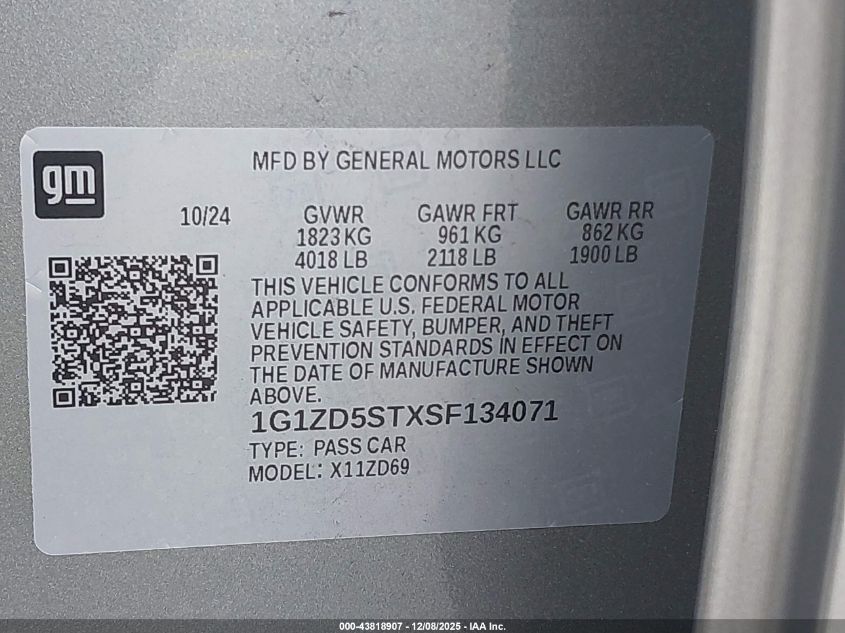 2025 Chevrolet Malibu Fwd 1Lt VIN: 1G1ZD5STXSF134071 Lot: 43818907