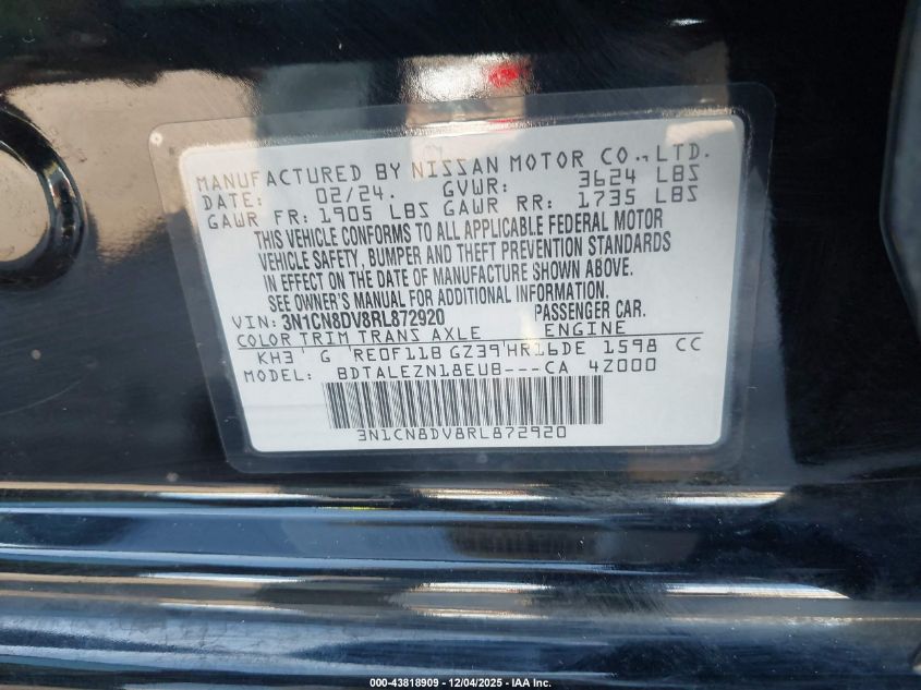 2024 Nissan Versa 1.6 S VIN: 3N1CN8DV8RL872920 Lot: 43818909