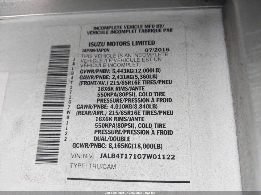 2016 Isuzu Npr VIN: JALB4T171G7W01122 Lot: 43818924