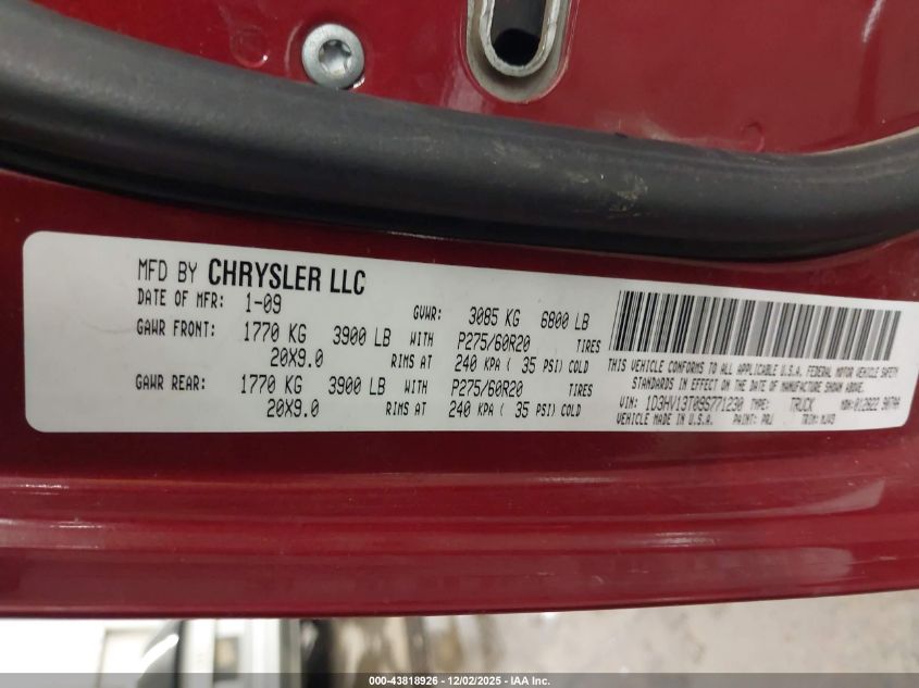 2009 Dodge Ram 1500 Slt/Sport/Trx VIN: 1D3HV13T09S771230 Lot: 43818926