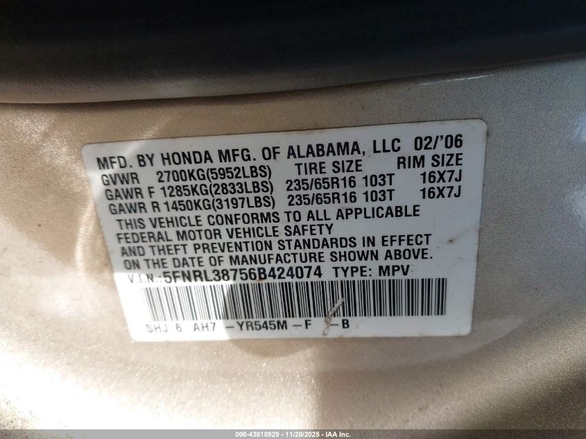 2006 Honda Odyssey Ex-L VIN: 5FNRL38756B424074 Lot: 43818929