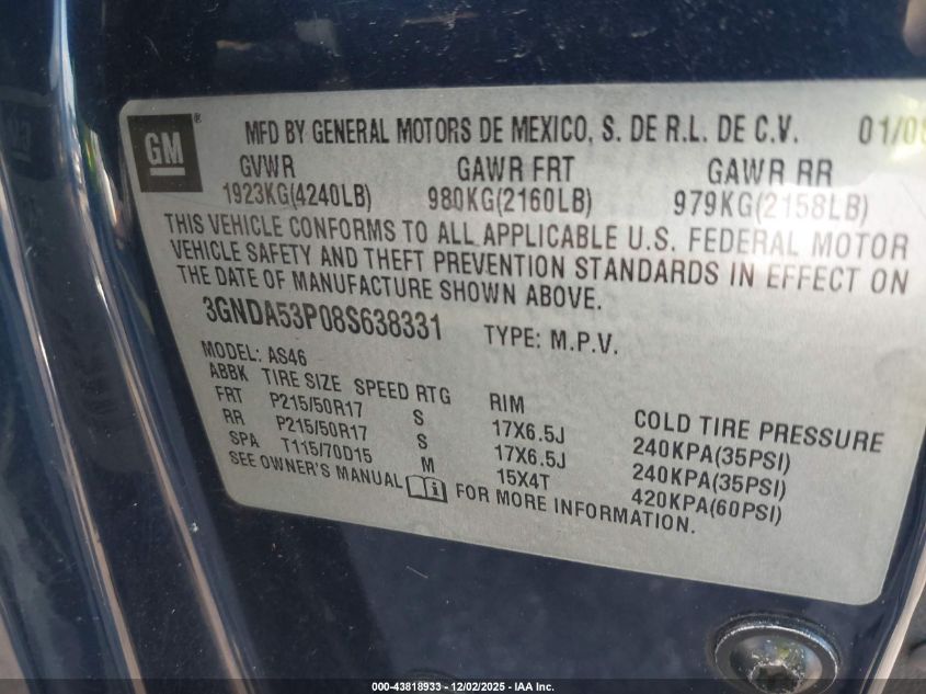 2008 Chevrolet Hhr Lt VIN: 3GNDA53P08S638331 Lot: 43818933