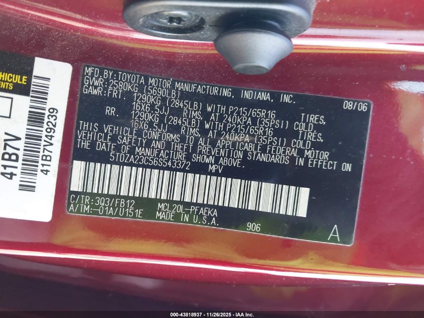 2006 Toyota Sienna Ce VIN: 5TDZA23C56S543372 Lot: 43818937