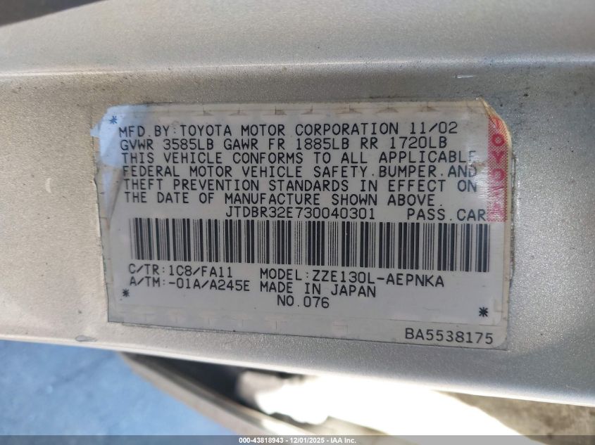 2003 Toyota Corolla Le VIN: JTDBR32E730040301 Lot: 43818943