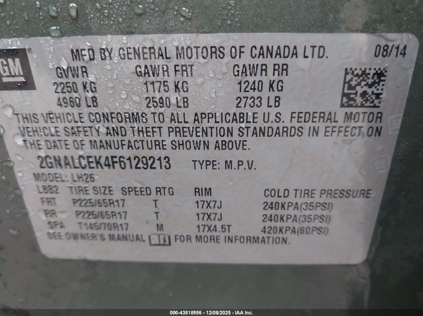 2015 Chevrolet Equinox 2Lt VIN: 2GNALCEK4F6129213 Lot: 43818956