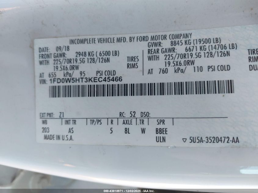 2019 Ford F-550 Chassis Xl VIN: 1FD0W5HT3KEC45466 Lot: 43818971