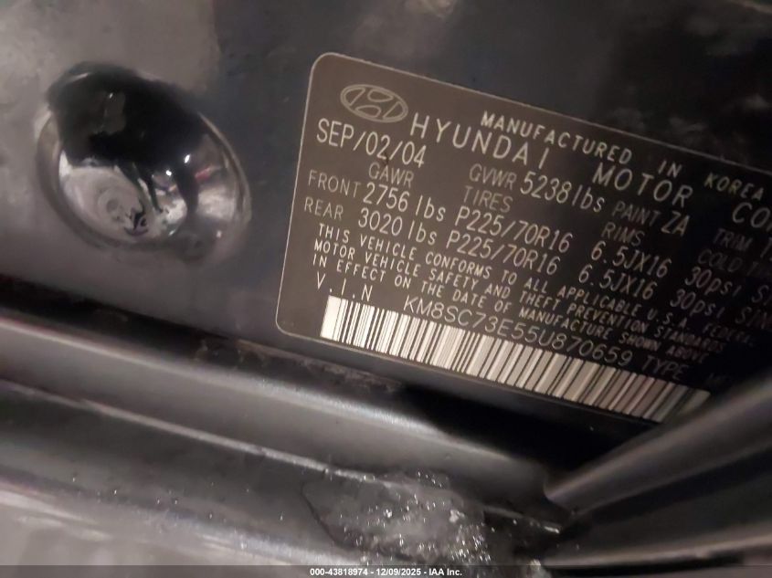 2005 Hyundai Santa Fe Gls/Lx VIN: KM8SC73E55U870659 Lot: 43818974