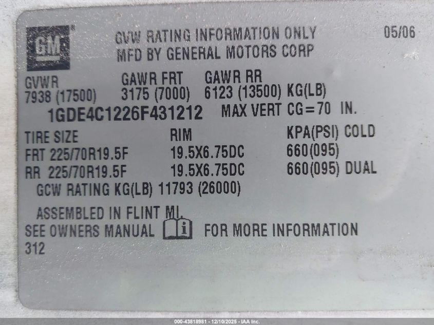 2006 GMC C4500 VIN: 1GDE4C1226F431212 Lot: 43818981