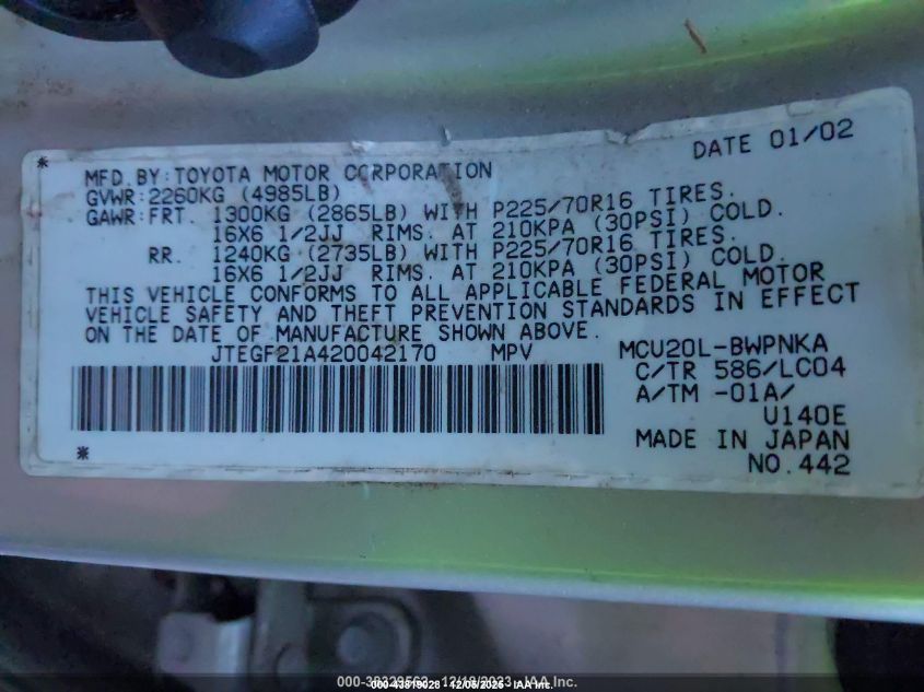 2002 Toyota Highlander Limited V6 VIN: JTEGF21A420042170 Lot: 43819028