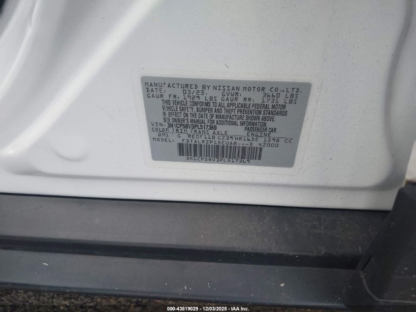 2023 Nissan Kicks S Xtronic Cvt VIN: 3N1CP5BV3PL517369 Lot: 43819029