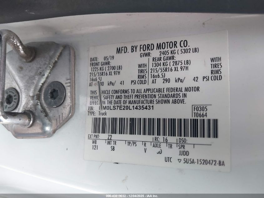 2020 Ford Transit Connect Xl VIN: NM0LS7E20L1435431 Lot: 43819032