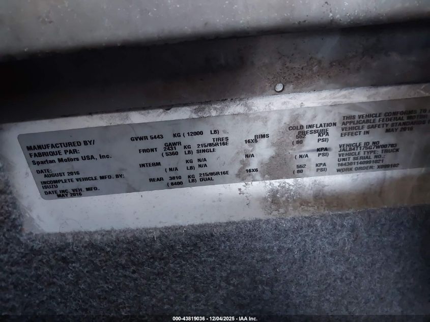 2016 Isuzu Npr VIN: JALB4T175G7W00703 Lot: 43819036