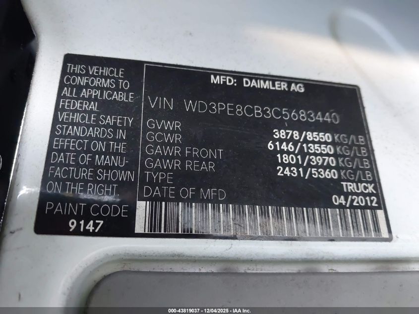 2012 Mercedes-Benz Sprinter 2500 High Roof VIN: WD3PE8CB3C5683440 Lot: 43819037
