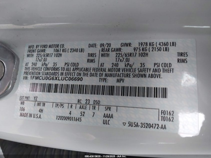 2020 Ford Escape Se VIN: 1FMCU0G6XLUC06690 Lot: 43819039