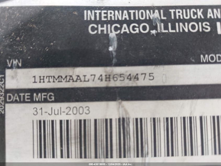 2004 International 4000 4300 VIN: 1HTMMAAL74H654475 Lot: 43819059