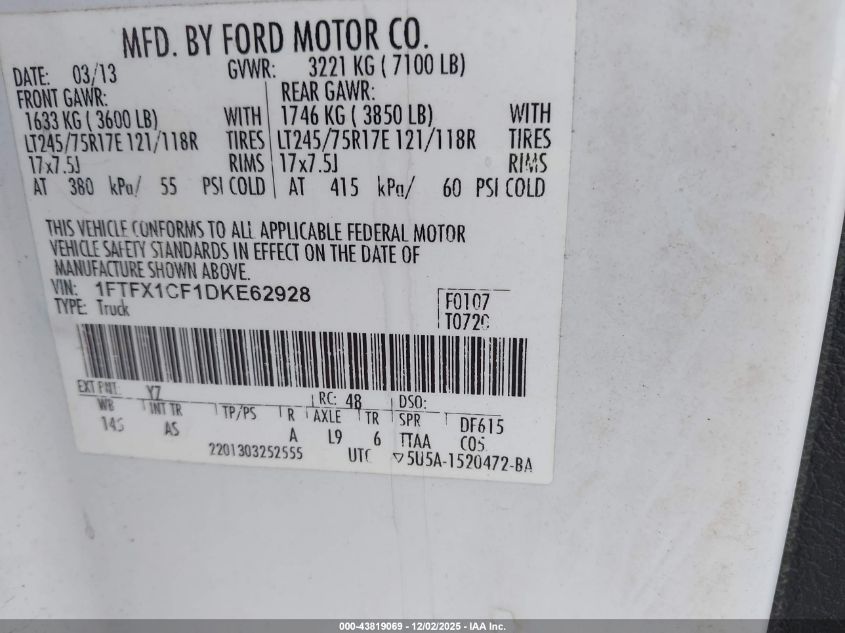 2013 Ford F-150 Xl VIN: 1FTFX1CF1DKE62928 Lot: 43819069