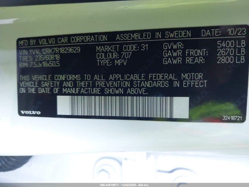 2024 Volvo Xc60 B5 Core Dark Theme VIN: YV4L12RK7R1829629 Lot: 43819071