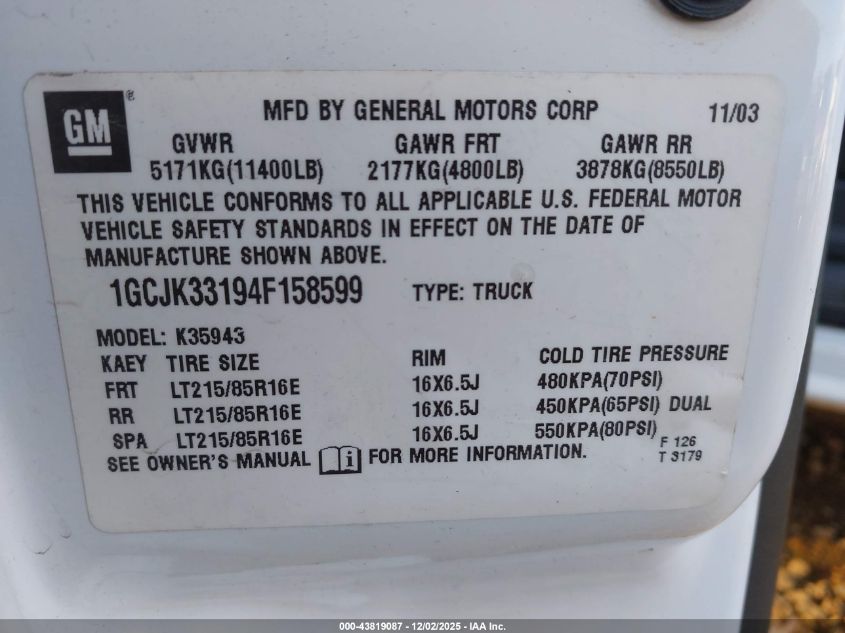 2004 Chevrolet Silverado 3500 Ls VIN: 1GCJK33194F158599 Lot: 43819087