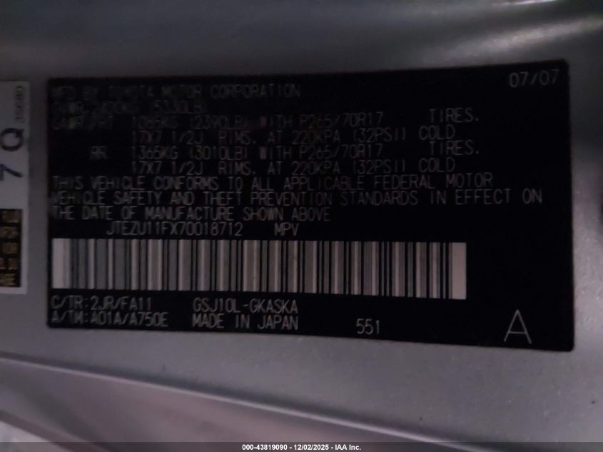 2007 Toyota Fj Cruiser VIN: JTEZU11FX70018712 Lot: 43819090