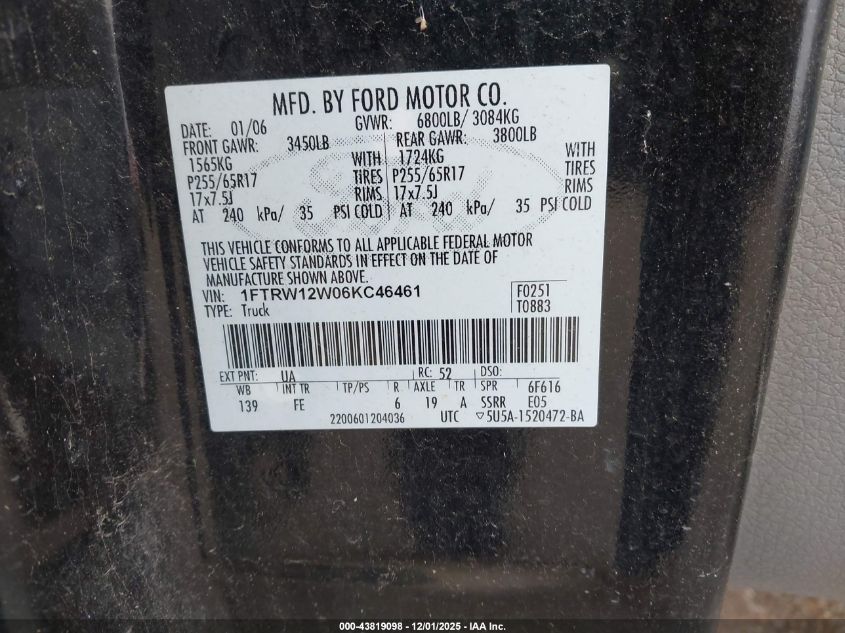 2006 Ford F-150 Xlt VIN: 1FTRW12W06KC46461 Lot: 43819098