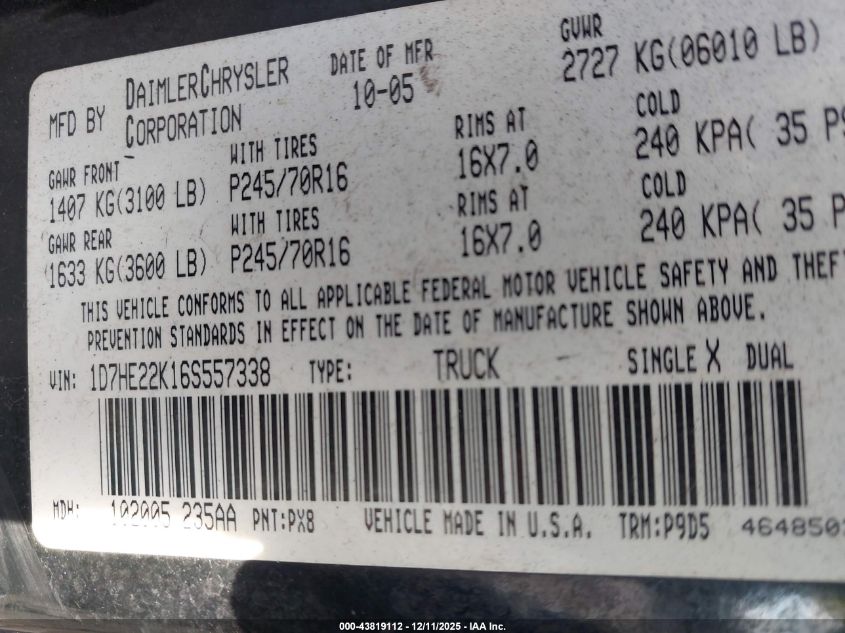 2006 Dodge Dakota St VIN: 1D7HE22K16S557338 Lot: 43819112