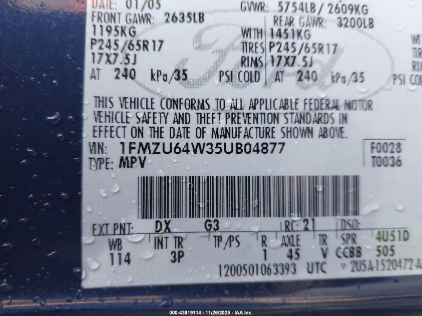 2005 Ford Explorer Eddie Bauer VIN: 1FMZU64W35UB04877 Lot: 43819114