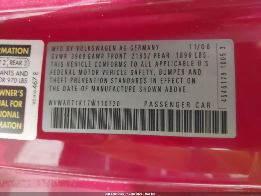 2007 Volkswagen Rabbit 2-Door VIN: WVWAR71K17W110730 Lot: 43819120