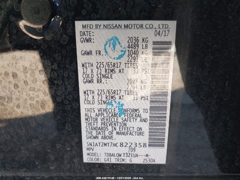 2017 Nissan Rogue Sv VIN: 5N1AT2MT7HC822358 Lot: 43819148