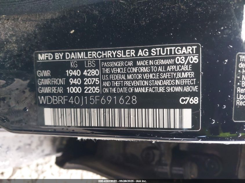 2005 Mercedes-Benz C 230 Kompressor Sport VIN: WDBRF40J15F691628 Lot: 43819151