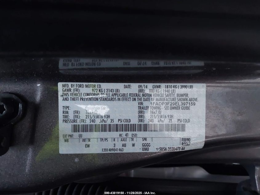 2014 Ford Focus Se VIN: 1FADP3F29EL397159 Lot: 43819158