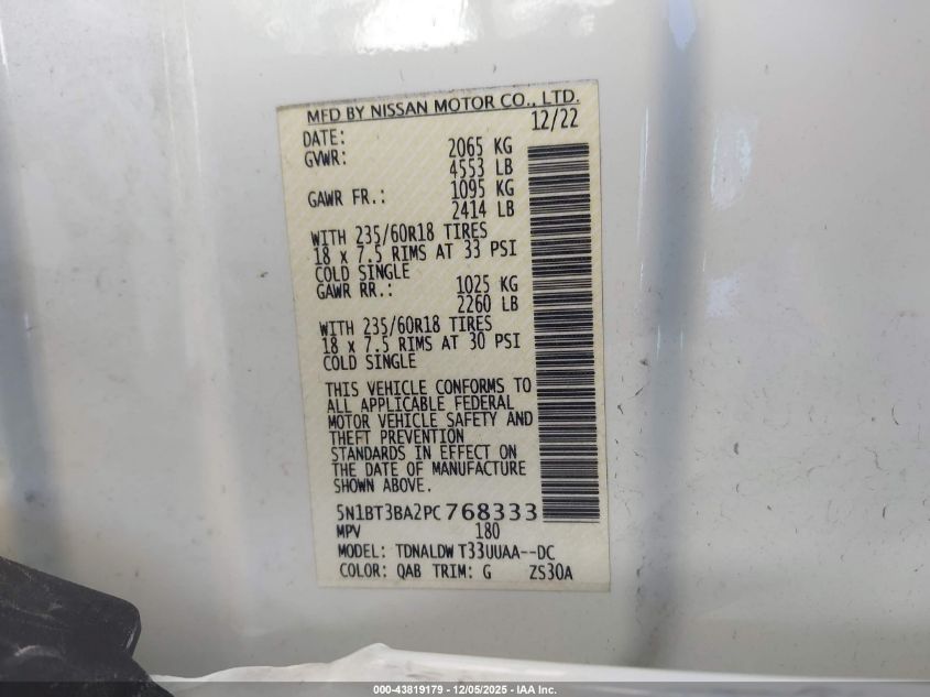 2023 Nissan Rogue Sv Fwd VIN: 5N1BT3BA2PC768333 Lot: 43819179