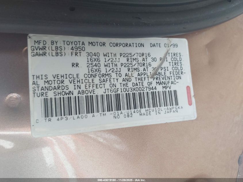 1999 Lexus Rx 300 VIN: JT6GF10U3X0027944 Lot: 43819180