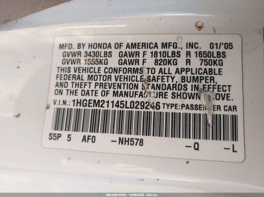 2005 Honda Civic Vp VIN: 1HGEM21145L029246 Lot: 43819185