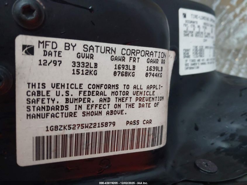 1998 Saturn Sl1 VIN: 1G8ZH528XWZ229039 Lot: 43819205