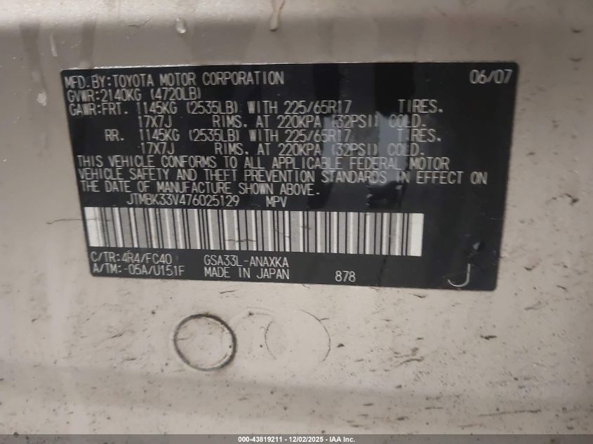 2007 Toyota Rav4 Base V6 VIN: JTMBK33V476025129 Lot: 43819211