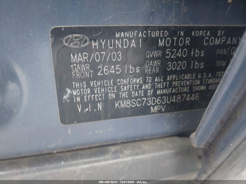 2003 Hyundai Santa Fe Gls/Lx VIN: KM8SC73D63U487446 Lot: 43819233