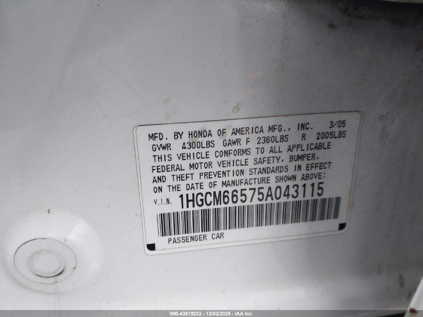 2005 Honda Accord 3.0 Ex VIN: 1HGCM66575A043115 Lot: 43819232