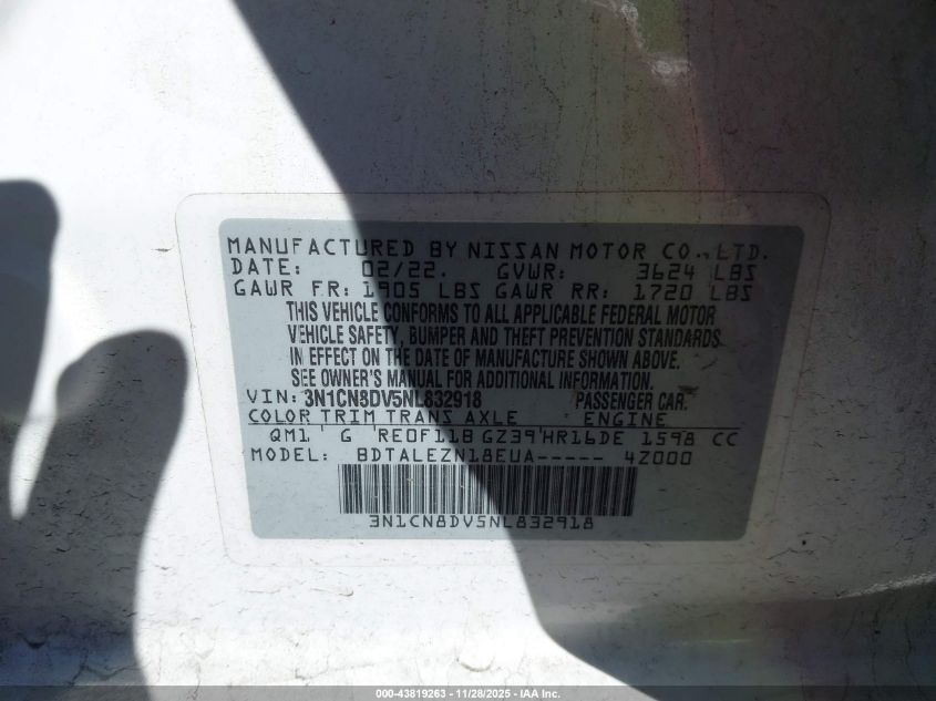 2022 Nissan Versa S VIN: 3N1CN8DV5NL832918 Lot: 43819263