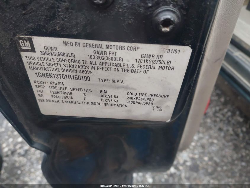 2001 Chevrolet Tahoe Ls VIN: 1GNEK13T01R150190 Lot: 43819268