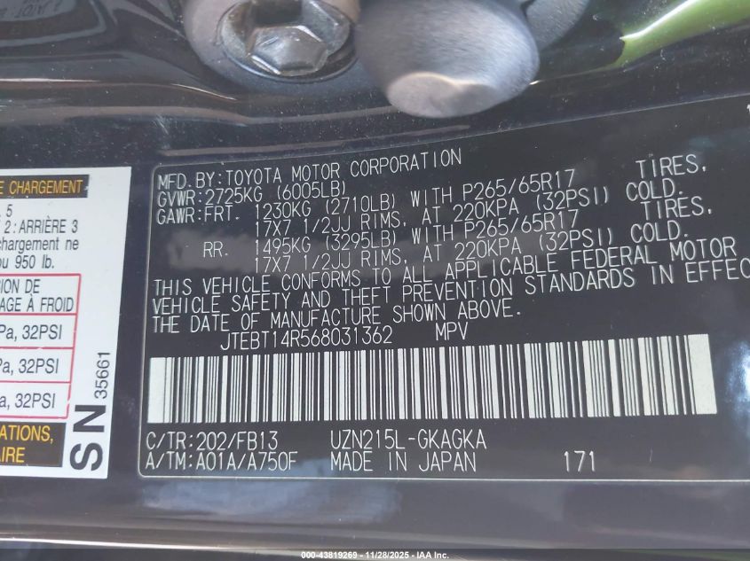 2006 Toyota 4Runner Sr5 Sport V8 VIN: JTEBT14R568031362 Lot: 43819269